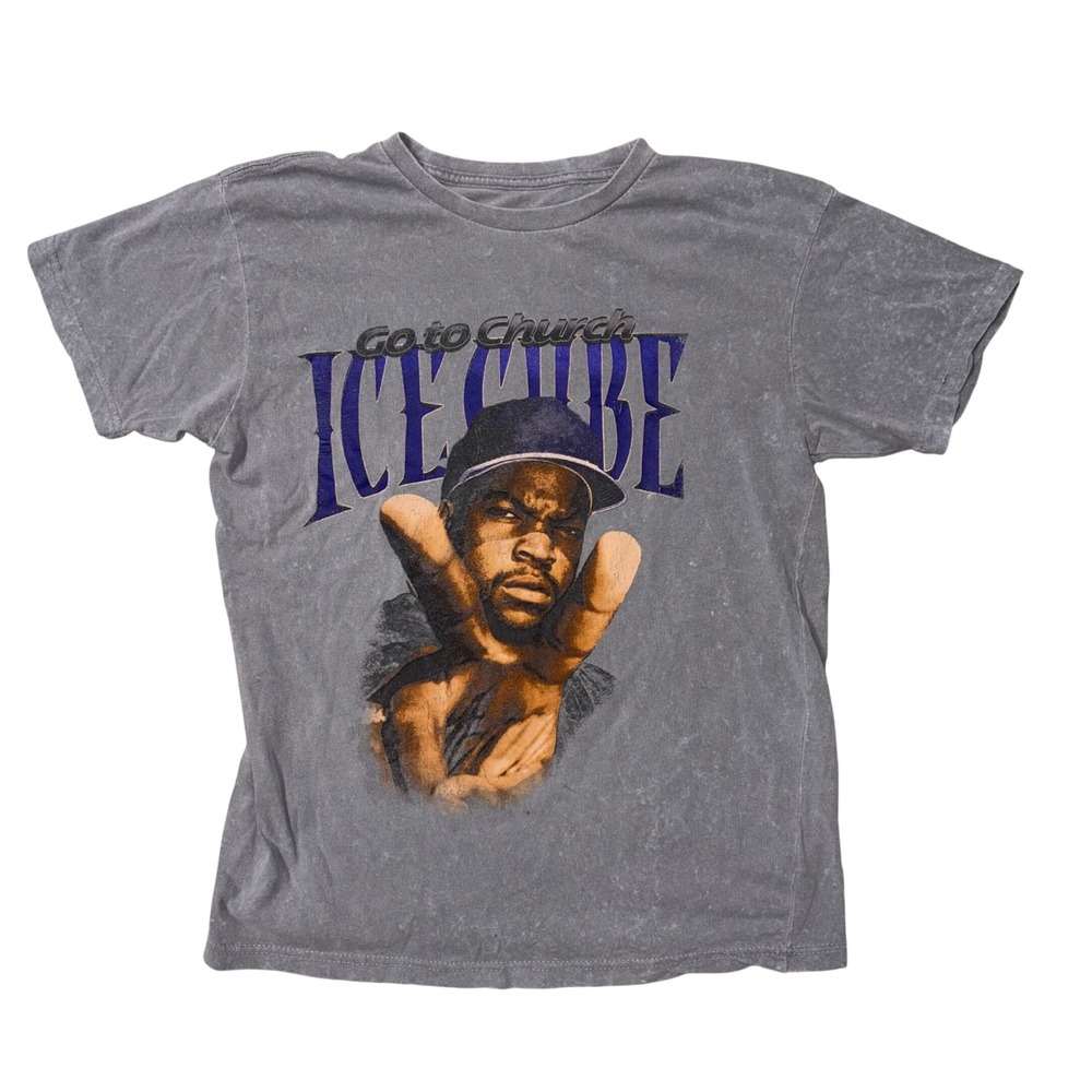 Ice Cube Go to Church Graphic Tee Mens Medium Gray Mineral Wash Hip Hop Shirt